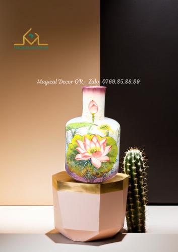 Vuốt tay đầm sen hồng cổ cao